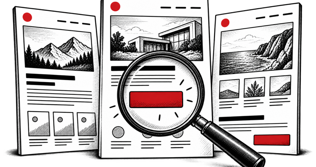 A magnifying glass examines the red call-to-action on a website page mockup.
