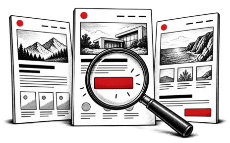 A magnifying glass examines the red call-to-action on a website page mockup.