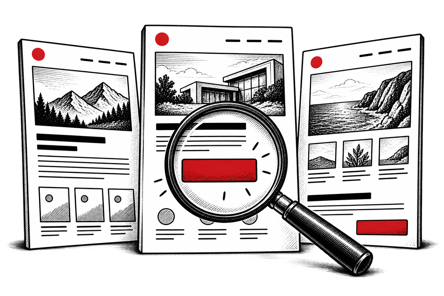 A magnifying glass examines the red call-to-action on a website page mockup.